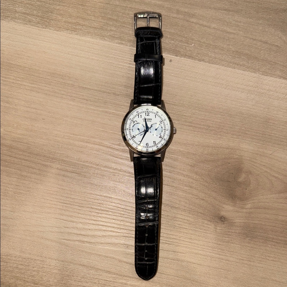 Citizen Black Leather Strap Watch with White Dial